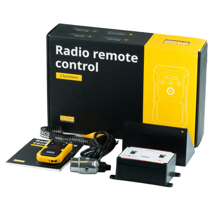 Universal Wireless Remote Control for Tail Lifts kit includes a transmitter, receiver, connector cable, and manual, all in a HACO box. Ideal for all tail lifts.