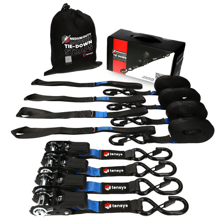 5m, 25mm Premium Ratchet Strap with Soft Grip Moulded Handle and 'S' Hook Ends, Pack of 4, ideal for securing cargo up to 800kg.