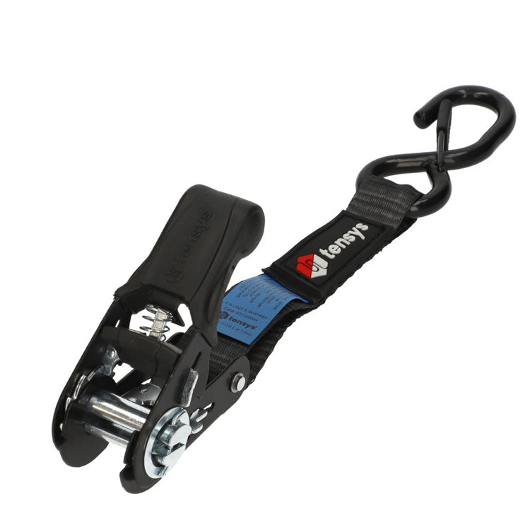 5m, 25mm wide, 800kg Premium Ratchet Strap with Soft Grip Moulded Handle and 'S' Hook Ends with Safety Catches (Pack of 4), ideal for secure cargo transport.