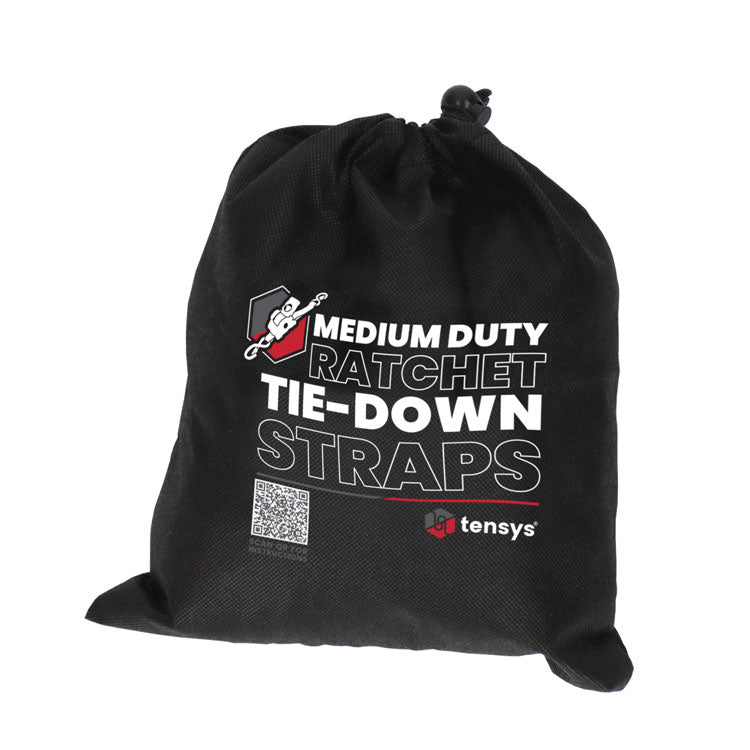 5m, 25mm wide, 800kg Premium Ratchet Strap with Soft Grip Moulded Handle and 'S' Hook Ends with Safety Catches (Pack of 4) in storage pouch.