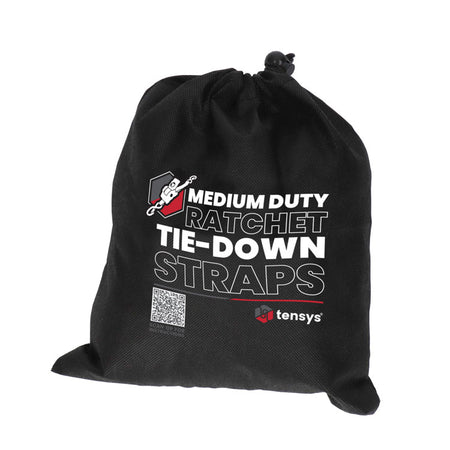 5m, 25mm wide, 800kg Premium Ratchet Strap with Soft Grip Moulded Handle and 'S' Hook Ends with Safety Catches (Pack of 4) in storage pouch.