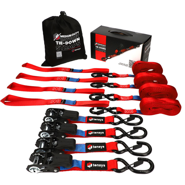 5m, 25mm wide, 800kg Premium Ratchet Strap set, featuring soft grip handles and 'S' hook ends with safety catches, ideal for securing vehicle loads. Pack of 4.