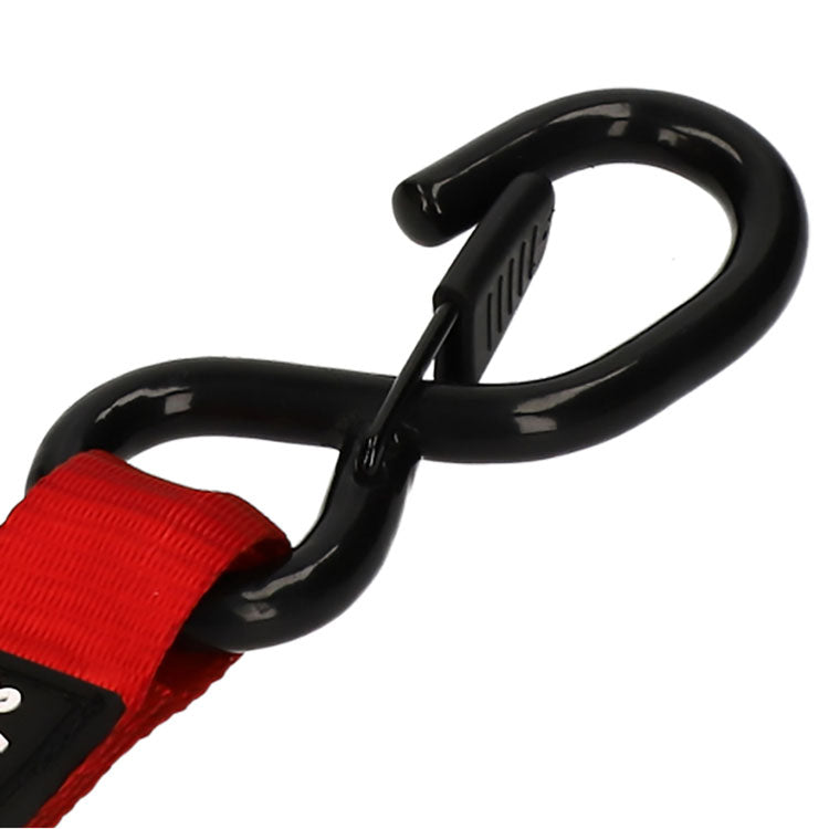 5m, 25mm wide, 800kg Premium Ratchet Strap with Soft Grip Moulded Handle and 'S' Hook Ends, shown clipped onto a red strap, ideal for secure load restraint.