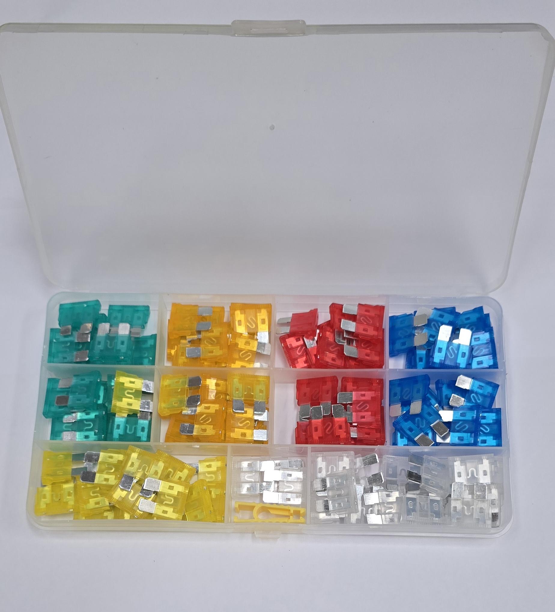 Blade Fuse Assortment Box with 120 assorted fuses for trailers, featuring various amps for performance. Ideal for budget-conscious buyers seeking reliable, testable fuses.