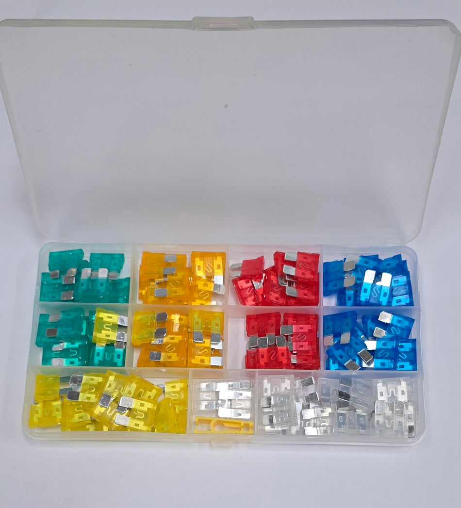 Blade Fuse Assortment Box with 120 assorted fuses for trailers, featuring various amps for performance. Ideal for budget-conscious buyers seeking reliable, testable fuses.
