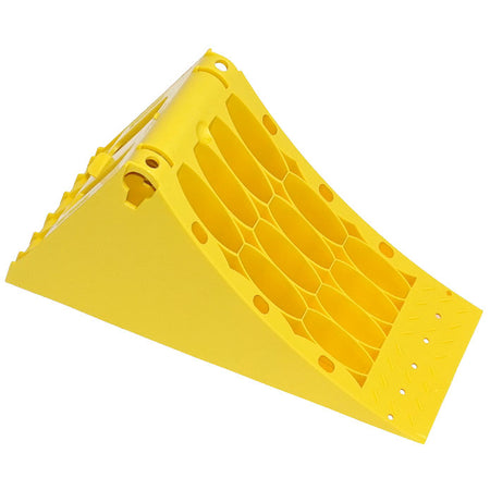 Small Wheel Chock (L383mm x W160mm x H190mm) with steel grip strip for secure tyre positioning on trailers. Holders sold separately.