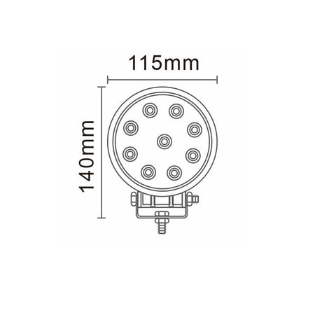 Diagram of Economy LED Work Lamp Series showing circular design, part of new series with round, square, and magnetic options, featuring flood beam and 27W output.