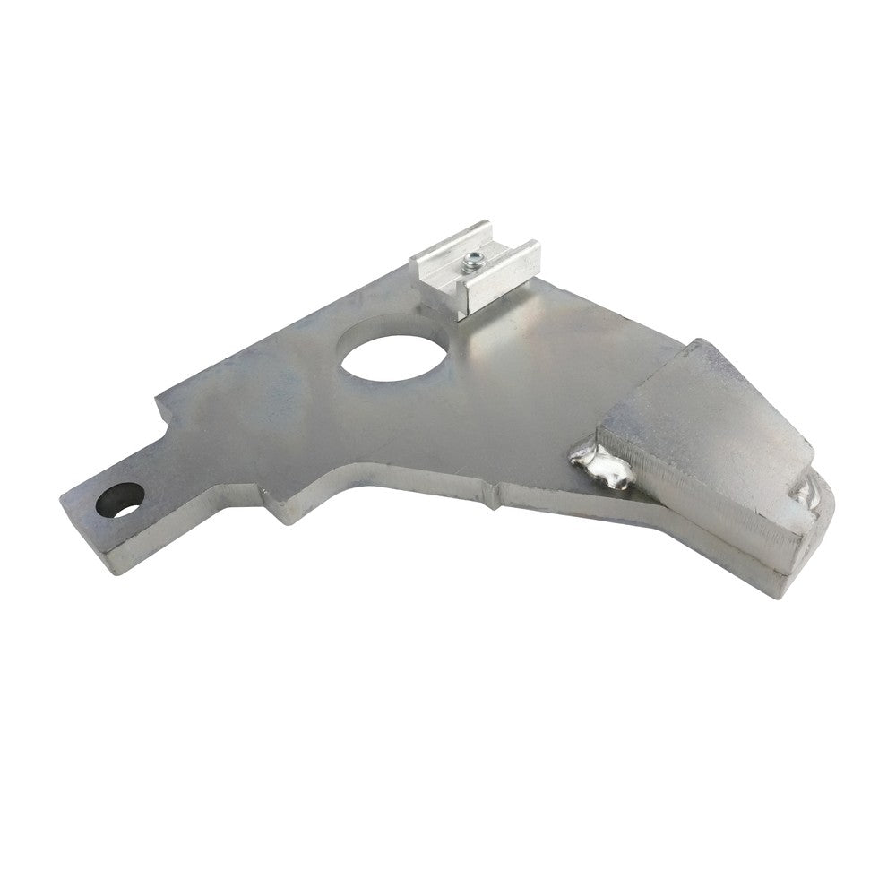 End stop platform VO.10 144mm -C- RIGHT features a triangular aluminum bracket with central cut-out, clamp, and gusset, designed for Dhollandia Tail Lifts.