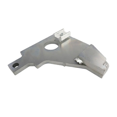 End stop platform VO.10 144mm -C- RIGHT features a triangular aluminum bracket with central cut-out, clamp, and gusset, designed for Dhollandia Tail Lifts.