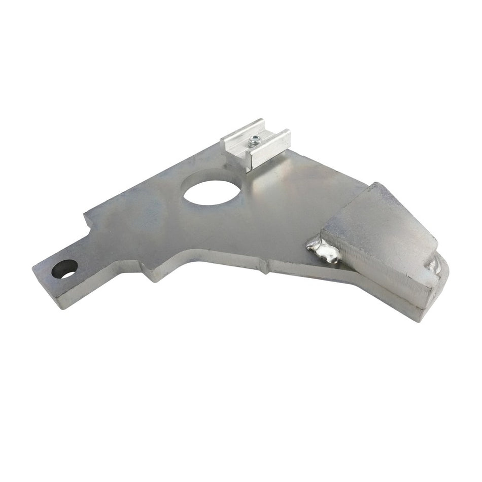 End stop platform VO.10 144mm -C- RIGHT features a triangular aluminum bracket with central cut-out, clamp, and gusset, designed for Dhollandia Tail Lifts.