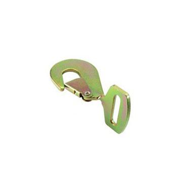 Close-up of a Fall Protection Ratchet Strap with Snap Hooks, showing metal hook detail, designed for securing loads in vehicles and trailers.