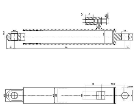 Lift Ram Cylinder HACO for MBB tail lifts, depicted in a technical drawing with dimensions, compatible with parts 1343854 and 1406404.