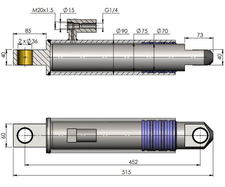 Lift Ram Cylinder HACO for MBB tail lifts, depicted in a detailed diagram, highlighting design and fit for MBB Palfinger parts 1402453.