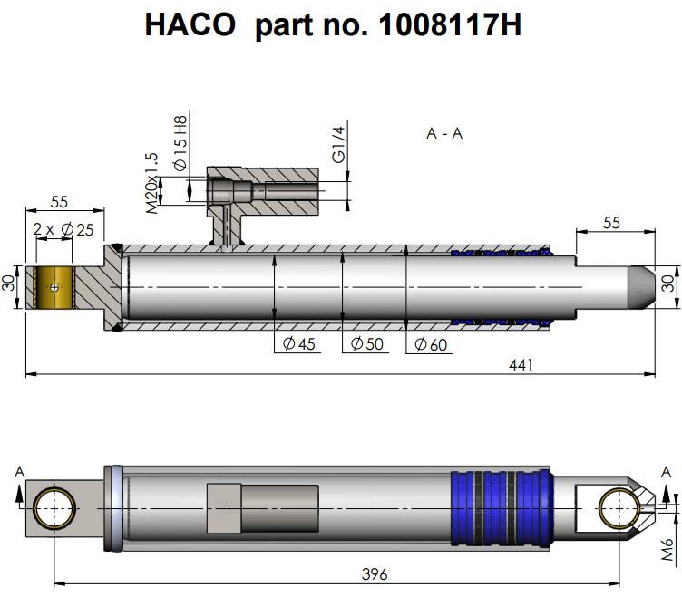 Lift Ram Cylinder HACO diagram for MBB Palfinger parts 1346953 & 1406405, showcasing detailed mechanical design for commercial trailer tail lifts.