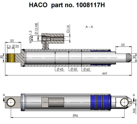 Lift Ram Cylinder HACO diagram for MBB Palfinger parts 1346953 & 1406405, showcasing detailed mechanical design for commercial trailer tail lifts.