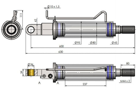 Tilt Ram Cylinder HACO without extension for MBB tail lifts, suitable for various MBB models. Diagram available for dimensions.