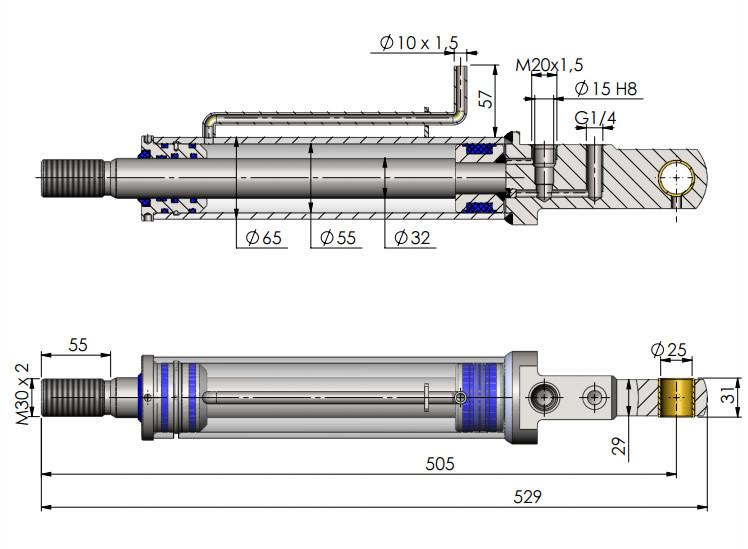 Tilt Ram Cylinder HACO for MBB tail lifts, shown in a detailed mechanical drawing, compatible with specific MBB Palfinger parts.