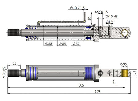 Tilt Ram Cylinder HACO for MBB tail lifts, shown in a detailed mechanical drawing, compatible with specific MBB Palfinger parts.