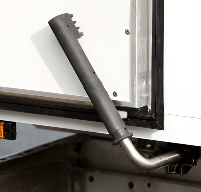 Telescopic Door Retainer (stainless steel) mounted on a white truck, featuring a durable aluminium housing with sealed components for commercial vehicle applications.