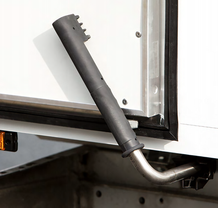 Telescopic Door Retainer (stainless steel) mounted on a white truck, featuring a durable aluminium housing with sealed components for commercial vehicle applications.