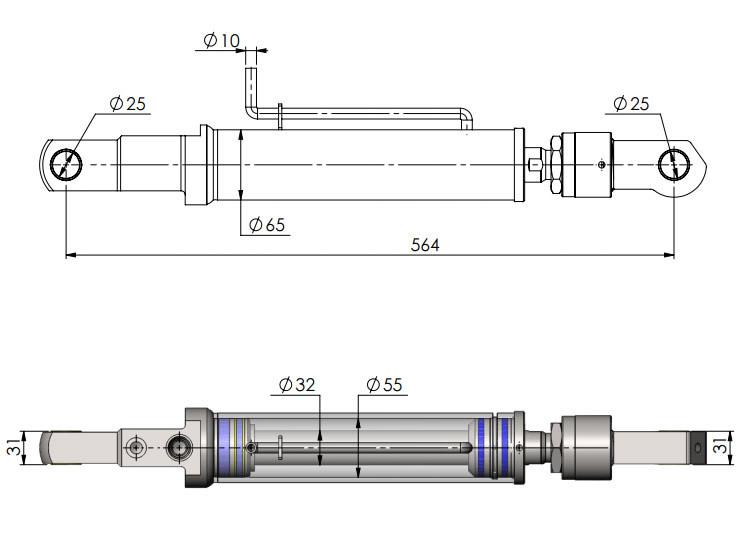 Tilt Ram Cylinder HACO with Extension for MBB tail lifts, shown in a technical drawing, suits models 500K/750K/1000AQ, parts 1402736 & 2001435.