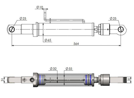 Tilt Ram Cylinder HACO with Extension for MBB tail lifts, shown in a technical drawing, suits models 500K/750K/1000AQ, parts 1402736 & 2001435.