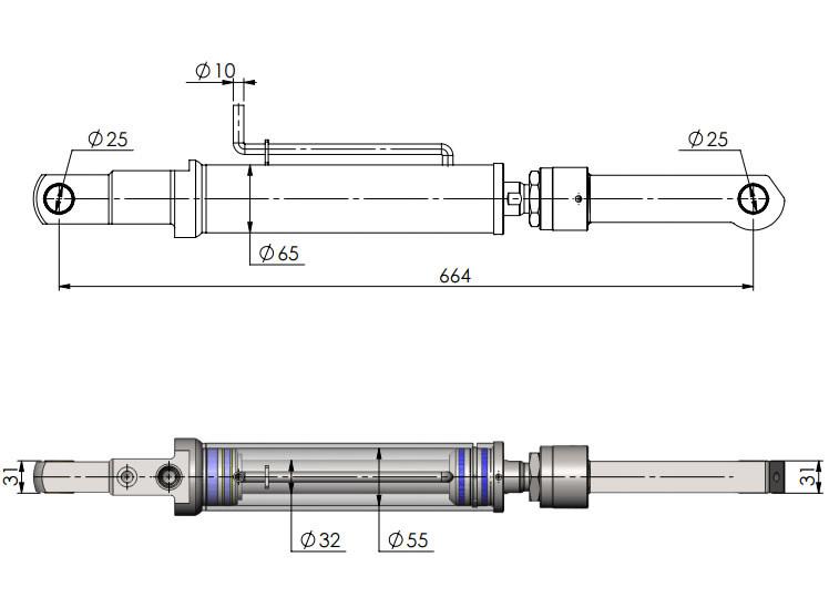 Tilt Ram Cylinder HACO with Extension, technical drawing for MBB tail lifts, models 500K-1000KL, parts 1402740 & 2001437.
