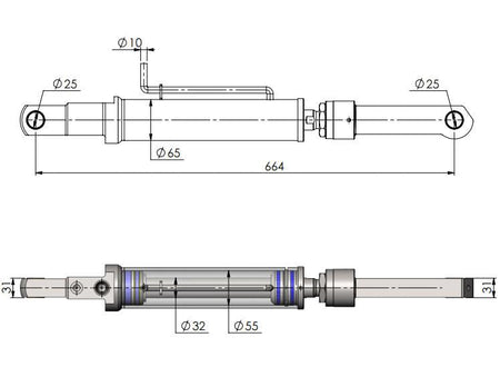 Tilt Ram Cylinder HACO with Extension, technical drawing for MBB tail lifts, models 500K-1000KL, parts 1402740 & 2001437.