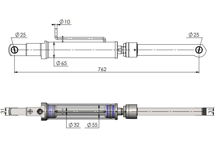 Tilt Ram Cylinder HACO with Extension for MBB tail lifts, designed for models 500K to 1000KL, shown in detailed mechanical sketch.