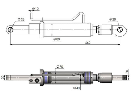 Tilt Ram Cylinder HACO with Extension for MBB models, featuring detailed technical drawing for dimensions. Suits MBB Palfinger parts 1366286 & 2001434.