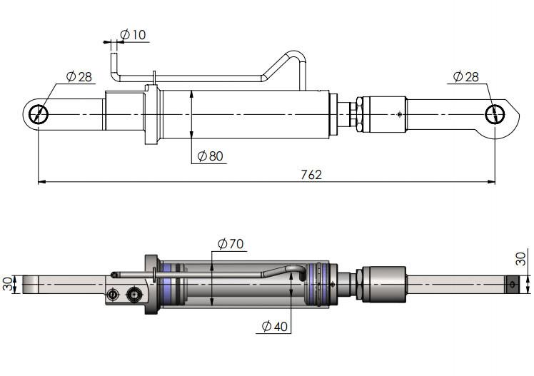 Tilt Ram Cylinder HACO with Extension for MBB 1366295 & 2001426, depicted in a detailed technical drawing, showcasing compatibility with MBB tail lifts.