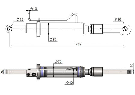 Tilt Ram Cylinder HACO with Extension for MBB 1366295 & 2001426, depicted in a detailed technical drawing, showcasing compatibility with MBB tail lifts.