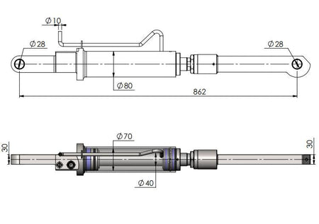 Technical drawing of Tilt Ram Cylinder HACO with Extension for MBB tail lifts, compatible with Palfinger parts 1366302 & 2001430, showing detailed dimensions.