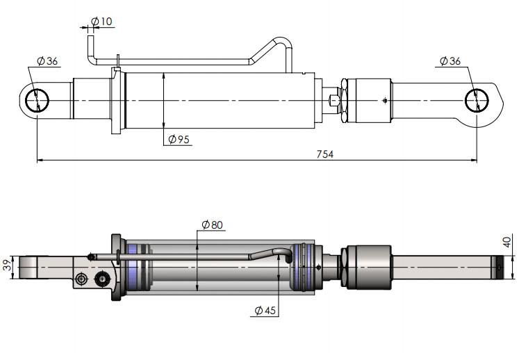Tilt Ram Cylinder HACO with Extension for MBB tail lifts, shown in a detailed technical drawing. Suitable for MBB models and Palfinger parts 1403789.