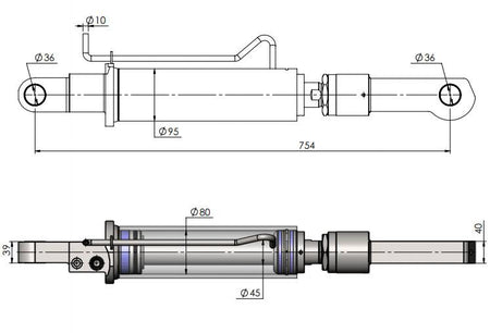 Tilt Ram Cylinder HACO with Extension for MBB tail lifts, shown in a detailed technical drawing. Suitable for MBB models and Palfinger parts 1403789.