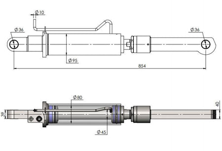 Tilt Ram Cylinder HACO with Extension, technical drawing for MBB models 1500K/2000K, part 1403790. Includes dimensions for precise tailoring to tail lifts.