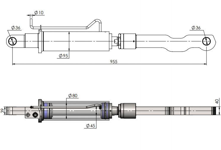 Technical drawing of Tilt Ram Cylinder HACO with Extension for MBB tail lifts, models 1500K-2000KUZK, part 1403791, showcasing dimensions and design details.