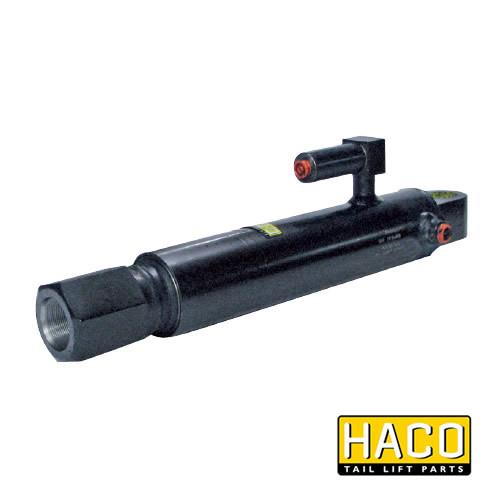 Tilt Ram HACO for Bar Cargolift, black metal cylinder with red and yellow label, designed for commercial vehicle parts.