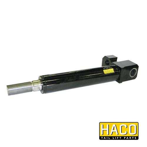 Tilt Ram HACO to Suit Bar Cargolift, featuring a black and silver cylindrical design, marked dimensions and threading for commercial trailer lift systems.