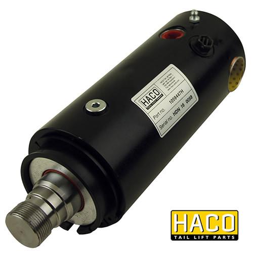 Tiltcylinder HACO SC38 SDS RIGHT, black and silver cylinder, designed for Dhollandia Tail Lift, model CS38.070.35.0070.Z.R, featuring a white label and metal parts.