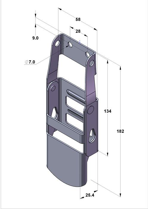 Sketch of a Stainless Steel Over Centre Buckle, featuring a metal design with multiple holes, commonly used for securing loads on commercial trailers.