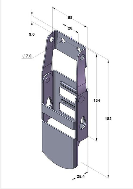 Sketch of a Stainless Steel Over Centre Buckle, featuring a metal design with multiple holes, commonly used for securing loads on commercial trailers.