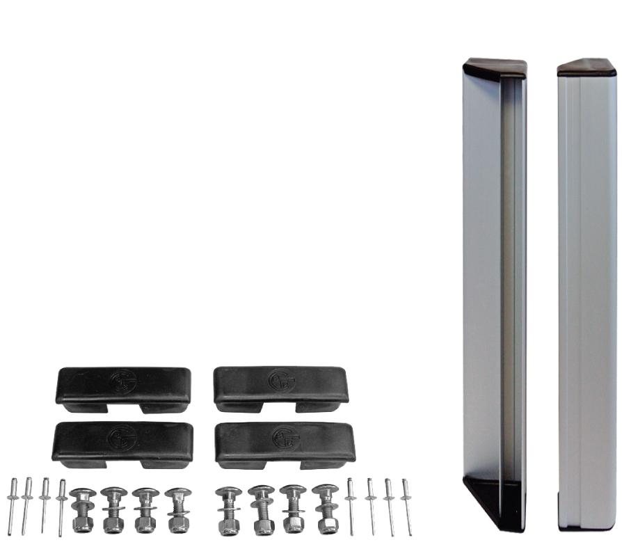 Pedestrian End Rail Kits (Extended) featuring metal guards, rail end caps, cover plates, and mounting hardware, ideal for enhancing pedestrian safety on commercial trailers.