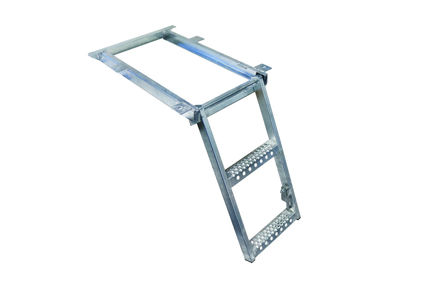 Underbody Access Steps - Heavy Duty, featuring a 2-rung galvanized metal frame with holes and a spring-assisted lever, designed for commercial vehicle and HGV trailer access.