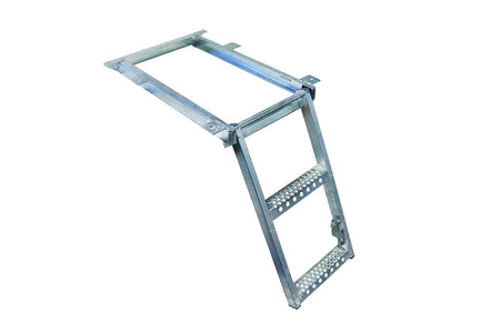 Underbody Access Steps - Heavy Duty, featuring a 2-rung galvanized metal frame with holes and a spring-assisted lever, designed for commercial vehicle and HGV trailer access.