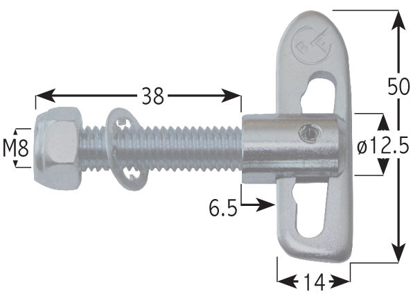 Close-up of Baby Droplock Fastener - Bolt On, showcasing the bolt and nut design, featuring a 12.5mm neck and 8mm x 38mm shank.
