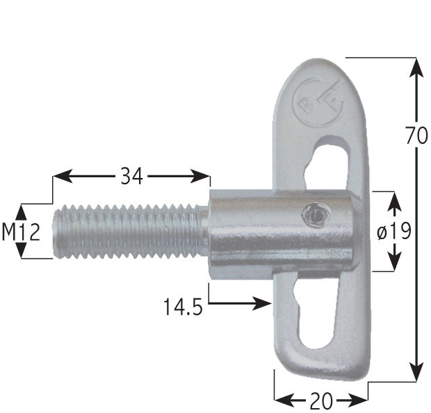 Droplock Fastener - Bolt On: Zinc plated steel bolt with 19mm neck, 12mm x 34mm shank, ideal for commercial trailer parts.