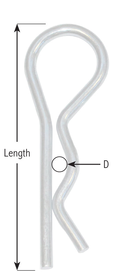Garment Pole Bracket Securing Pin with round spring cotter, zinc plated finish, designed for 34mm poles, shown with a black directional arrow and circle.