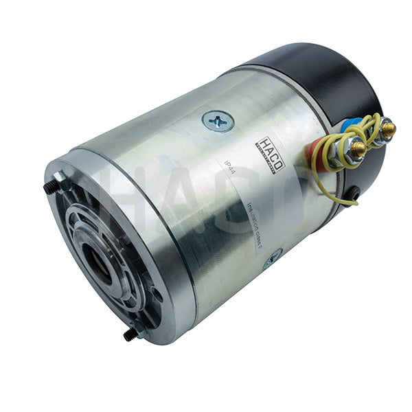 MOTOR 2,0KW 24V C F CW HACO (MP013), a round metal cylinder motor with wires, interchangeable with Dhollandia motor MP013, ideal for commercial vehicle parts.