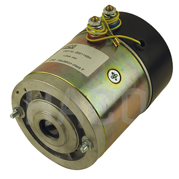 Motor 1,2kW 24V suits Dhollandia MP007, featuring a round silver cylinder with a black cap and yellow wire, ideal for commercial trailers.